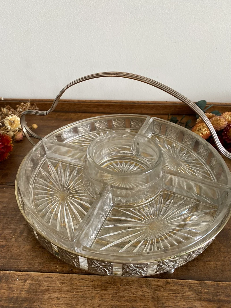 Plateau de service en métal argenté avec compartiments en verre années 30