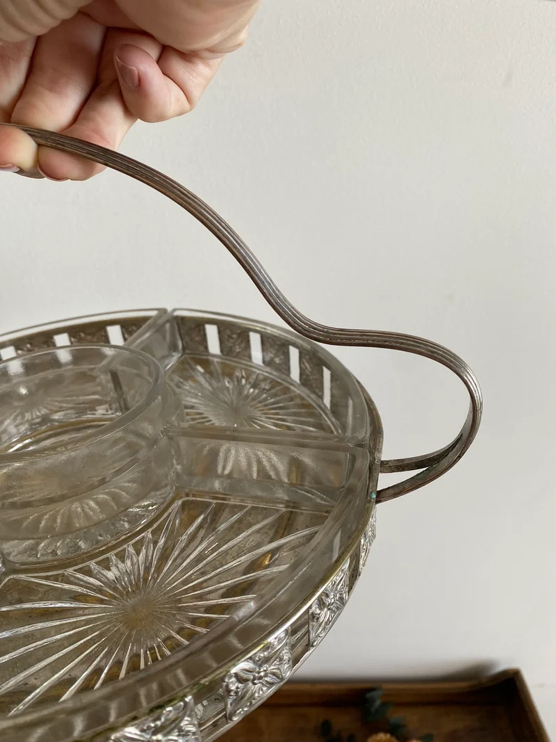 Plateau de service en métal argenté avec compartiments en verre années 30