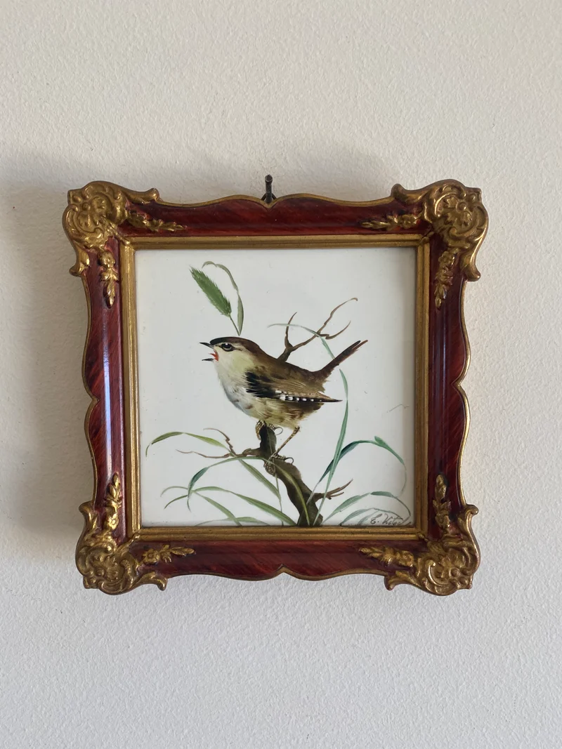 Oiseau peint sur porcelaine encadré signé