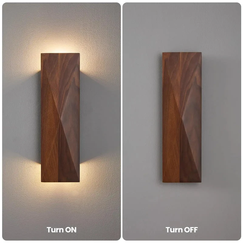 Set Of Two Genuine Walnut Wood Wall Sconces Backed By A Sleek Metal Frame Delivering Top Shelf Vintage Interior Lighting Fixtures That Bring A Slick Modern Vibe To Any Bedroom Or Living Room