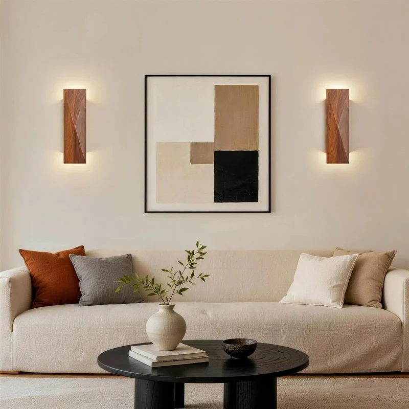 Set Of Two Genuine Walnut Wood Wall Sconces Backed By A Sleek Metal Frame Delivering Top Shelf Vintage Interior Lighting Fixtures That Bring A Slick Modern Vibe To Any Bedroom Or Living Room