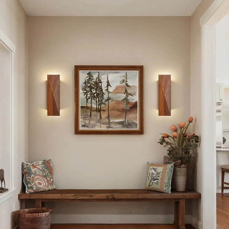 Set Of Two Genuine Walnut Wood Wall Sconces Backed By A Sleek Metal Frame Delivering Top Shelf Vintage Interior Lighting Fixtures That Bring A Slick Modern Vibe To Any Bedroom Or Living Room