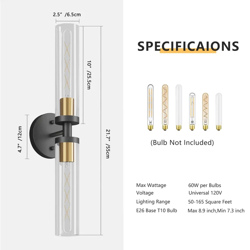 Top Shelf Matte Black Wall Sconces Set Of Two With Hand Blown Clear Glass E26 Bulb Base Indoor Vanity Light Fixture For Bathroom Mirror And Bedroom Decor Heavy Duty Smooth Finish