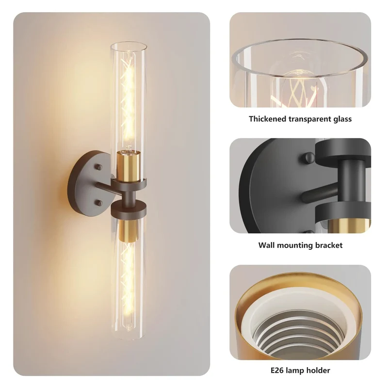 Top Shelf Matte Black Wall Sconces Set Of Two With Hand Blown Clear Glass E26 Bulb Base Indoor Vanity Light Fixture For Bathroom Mirror And Bedroom Decor Heavy Duty Smooth Finish