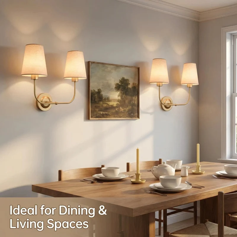Antique Double Wall Sconce With Flared Linen Beige Shade Hardwired Dual Bulb Kit Rustic Farmhouse Total Room Refresh Classic Vintage Two Light Fixture