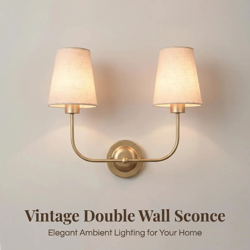 Antique Double Wall Sconce With Flared Linen Beige Shade Hardwired Dual Bulb Kit Rustic Farmhouse Total Room Refresh Classic Vintage Two Light Fixture