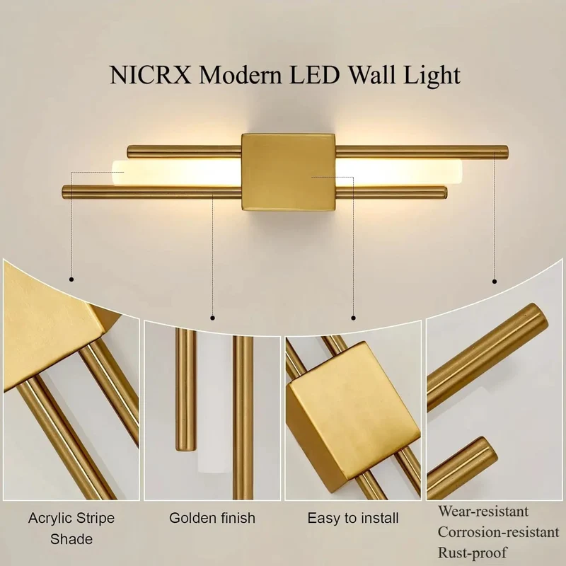 Badass Modern Gold LED Wall Sconces Pair, Hella Sleek Geometric Metal And Acrylic Vertical Lamp, Three Warm To Cool Lighting Modes, Real Style Upgrade For Bedroom Or Living Room Walls, Low Wattage