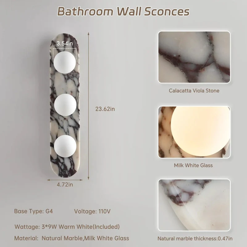 Top Shelf Calacatta Viola Natural Marble Bathroom Vanity Light Three Light Wall Sconce With Clear Glass Shade Wabi Sabi Hardwired Mirror Lamp For Hallway Living Room