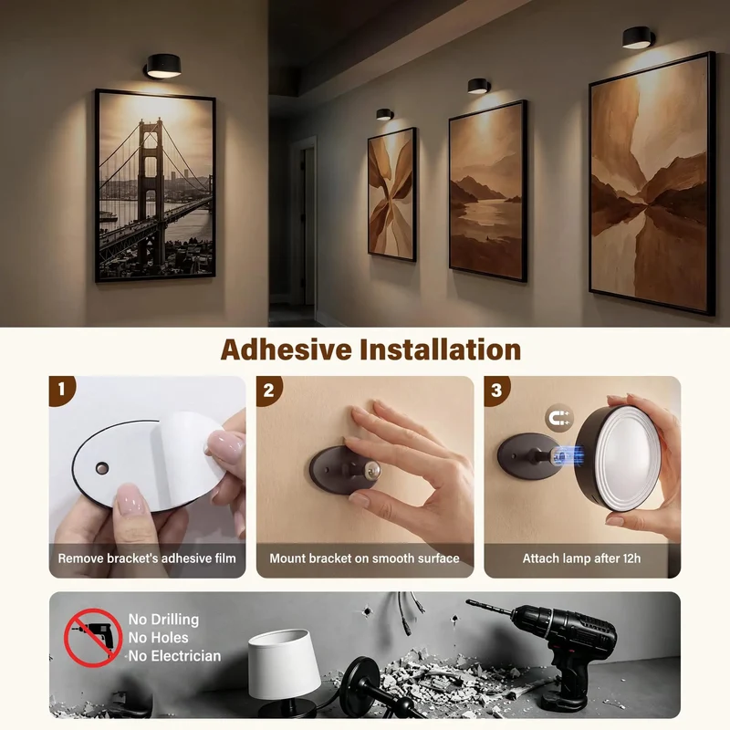 Cordless Rechargeable Wall Sconces 2 Pack No Drill Zero Mess Setup Heavy Duty Adhesive Renters Friendly LED Battery Operated Lights For Bedrooms Dorms 360 Magnetic Swivel Warm Glow Accent Lamp