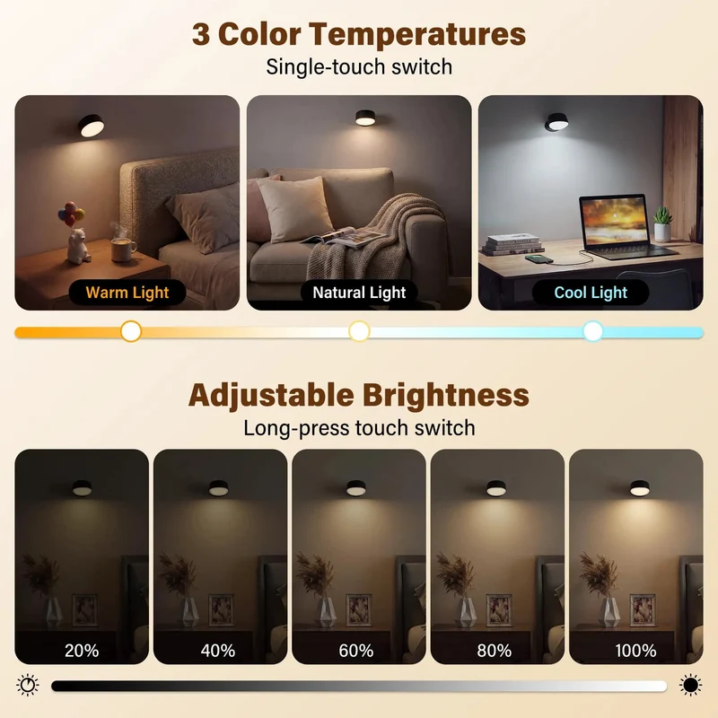 Cordless Rechargeable Wall Sconces 2 Pack No Drill Zero Mess Setup Heavy Duty Adhesive Renters Friendly LED Battery Operated Lights For Bedrooms Dorms 360 Magnetic Swivel Warm Glow Accent Lamp