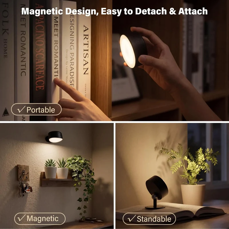 Cordless Rechargeable Wall Sconces 2 Pack No Drill Zero Mess Setup Heavy Duty Adhesive Renters Friendly LED Battery Operated Lights For Bedrooms Dorms 360 Magnetic Swivel Warm Glow Accent Lamp