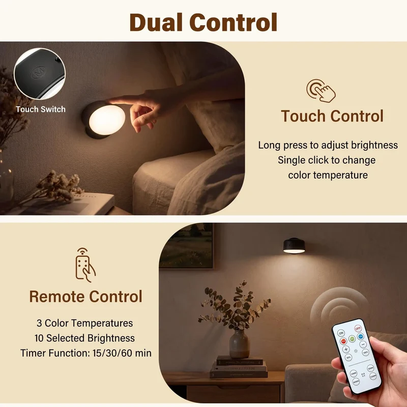 Cordless Rechargeable Wall Sconces 2 Pack No Drill Zero Mess Setup Heavy Duty Adhesive Renters Friendly LED Battery Operated Lights For Bedrooms Dorms 360 Magnetic Swivel Warm Glow Accent Lamp