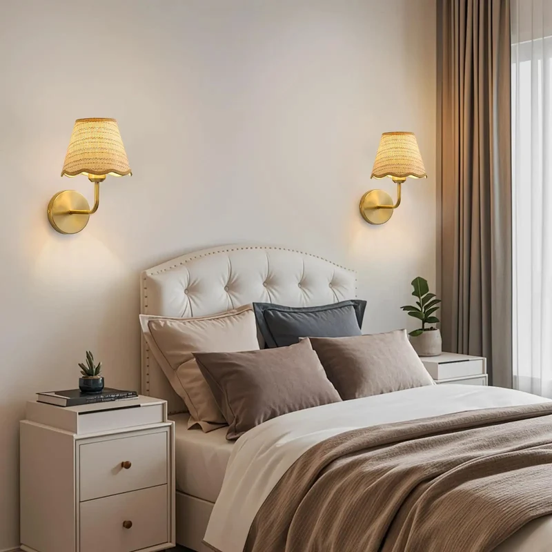 Battery Operated Rattan Wall Sconces Set Of 2 With Glimmering Gold Electroplating Trim Boho Ambience Light Fixtures For Chill Bedrooms Hallways And Reading Nooks That Truly Level Up Your Whole House Vibes