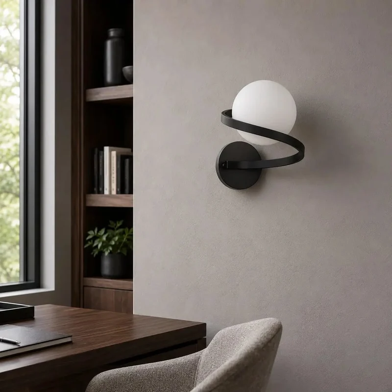 Smooth Black Wall Sconce Featuring Opal Glass Globe And Sculptural Spiral Metal Frame For Contemporary Home Decor Indoor Lighting And Living Room Ambiance