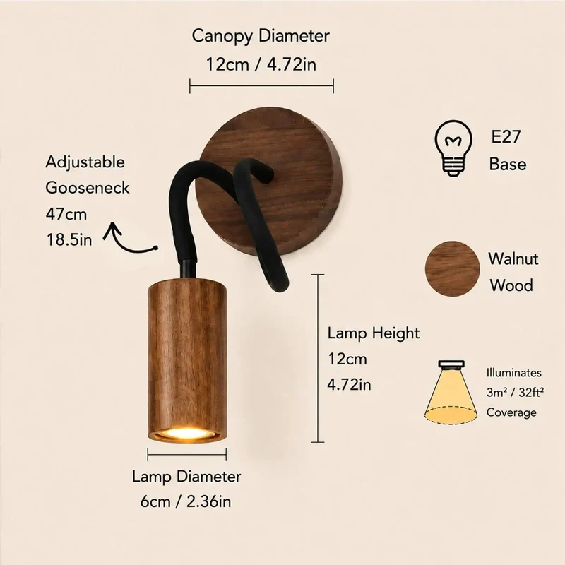 Slick Adjustable Gooseneck Wall Sconce With Modern Wood Grain Finish For Super Smooth 360 Degree Rotation And Killer Ambient Lighting For Bookshelves Or Nightstands