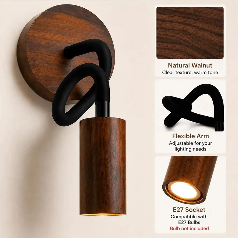 Slick Adjustable Gooseneck Wall Sconce With Modern Wood Grain Finish For Super Smooth 360 Degree Rotation And Killer Ambient Lighting For Bookshelves Or Nightstands