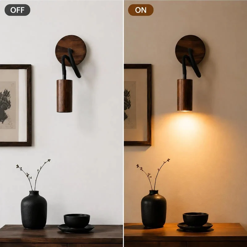 Slick Adjustable Gooseneck Wall Sconce With Modern Wood Grain Finish For Super Smooth 360 Degree Rotation And Killer Ambient Lighting For Bookshelves Or Nightstands
