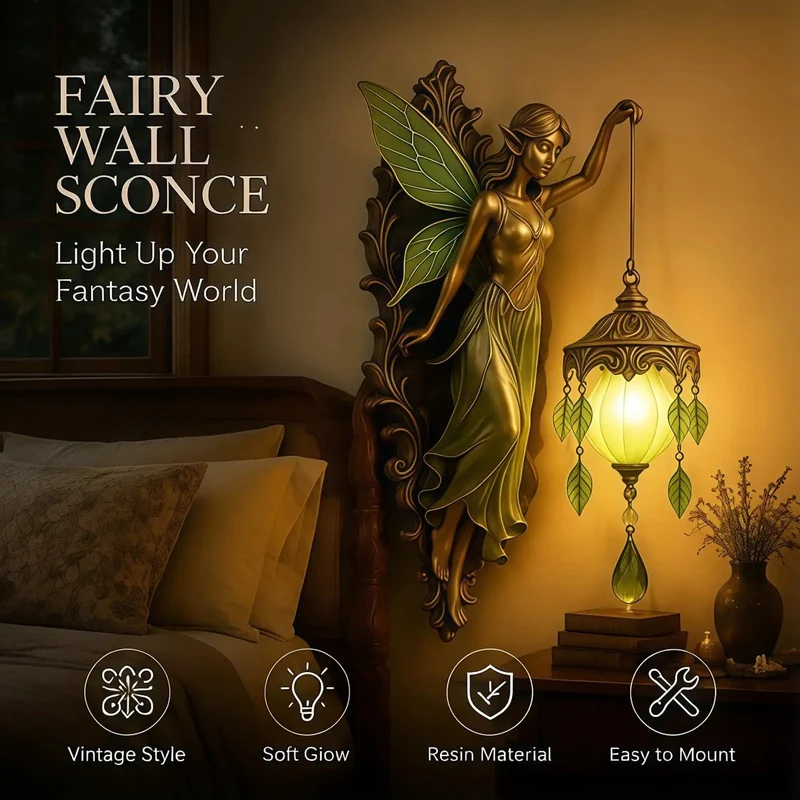 Stunning Vintage Fairy Wall Sconce with Hand Painted Wings in Green, Dimmable Frosted Globe for Cozy Bedroom, Serene Nightstand Ambient Reading Light That Sets the Ultimate Dreamy Vibe