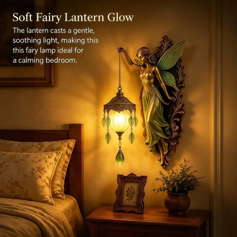 Stunning Vintage Fairy Wall Sconce with Hand Painted Wings in Green, Dimmable Frosted Globe for Cozy Bedroom, Serene Nightstand Ambient Reading Light That Sets the Ultimate Dreamy Vibe