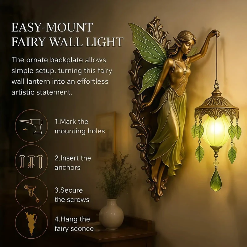 Stunning Vintage Fairy Wall Sconce with Hand Painted Wings in Green, Dimmable Frosted Globe for Cozy Bedroom, Serene Nightstand Ambient Reading Light That Sets the Ultimate Dreamy Vibe