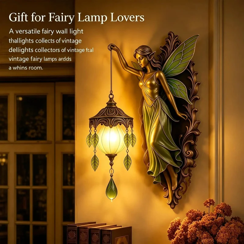Stunning Vintage Fairy Wall Sconce with Hand Painted Wings in Green, Dimmable Frosted Globe for Cozy Bedroom, Serene Nightstand Ambient Reading Light That Sets the Ultimate Dreamy Vibe