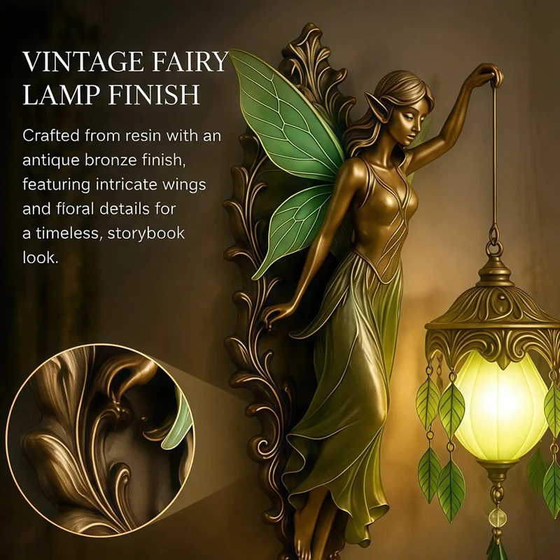 Stunning Vintage Fairy Wall Sconce with Hand Painted Wings in Green, Dimmable Frosted Globe for Cozy Bedroom, Serene Nightstand Ambient Reading Light That Sets the Ultimate Dreamy Vibe