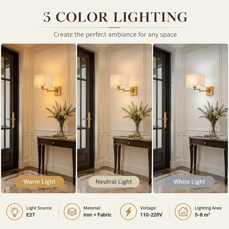 Modern Rectangular Fabric Wall Sconce Featuring Super Adjustable Swing Arm And Seamless Three Color Lighting With Warm Brass Accent To Give Your Space A Clean Glow Up And Effortless Indoor Vibe