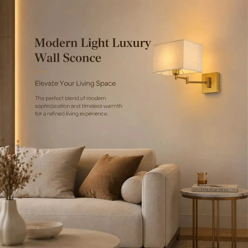 Modern Rectangular Fabric Wall Sconce Featuring Super Adjustable Swing Arm And Seamless Three Color Lighting With Warm Brass Accent To Give Your Space A Clean Glow Up And Effortless Indoor Vibe