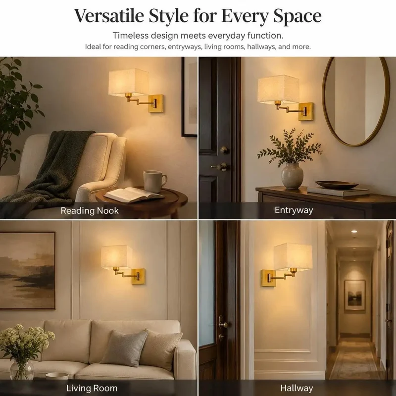 Modern Rectangular Fabric Wall Sconce Featuring Super Adjustable Swing Arm And Seamless Three Color Lighting With Warm Brass Accent To Give Your Space A Clean Glow Up And Effortless Indoor Vibe