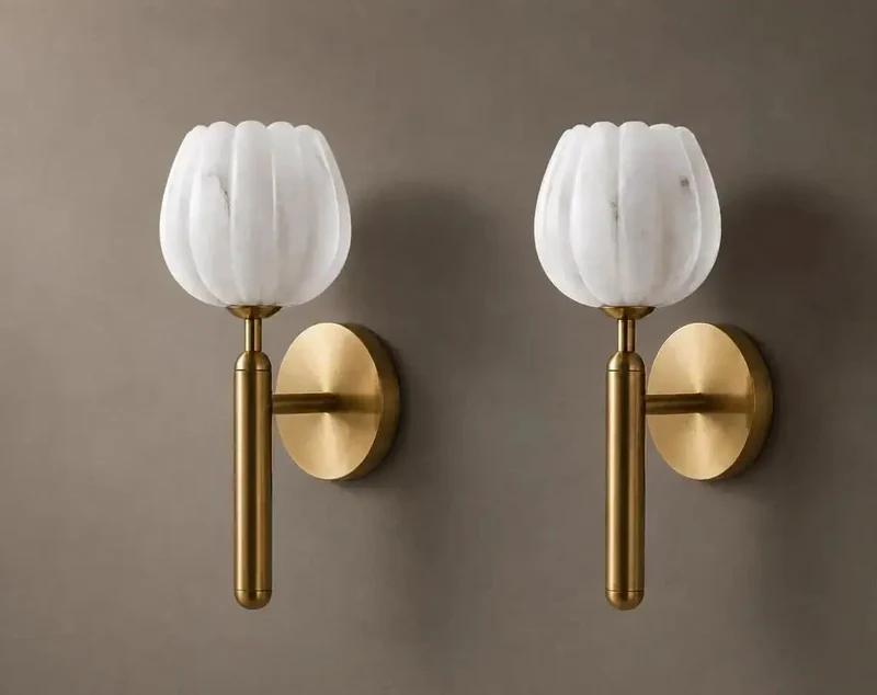 Sleek Brushed Brass Wall Sconce Featuring Fluted Alabaster Glass Shade, Wall Mounted Lamp For Bedroom And Entryway, Soft Ambient Glow Fixture That Delivers Dreamy Main Character Vibes To Your Decor