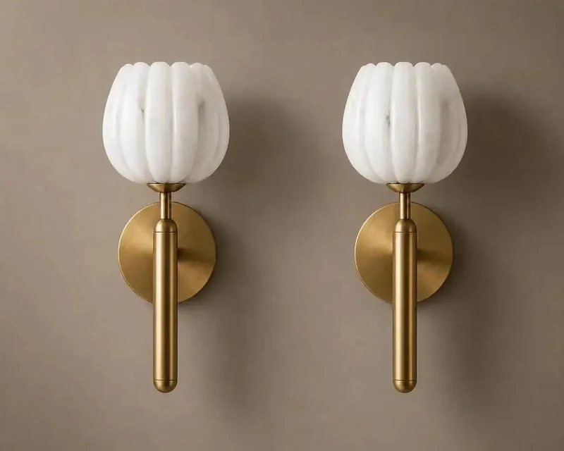 Sleek Brushed Brass Wall Sconce Featuring Fluted Alabaster Glass Shade, Wall Mounted Lamp For Bedroom And Entryway, Soft Ambient Glow Fixture That Delivers Dreamy Main Character Vibes To Your Decor
