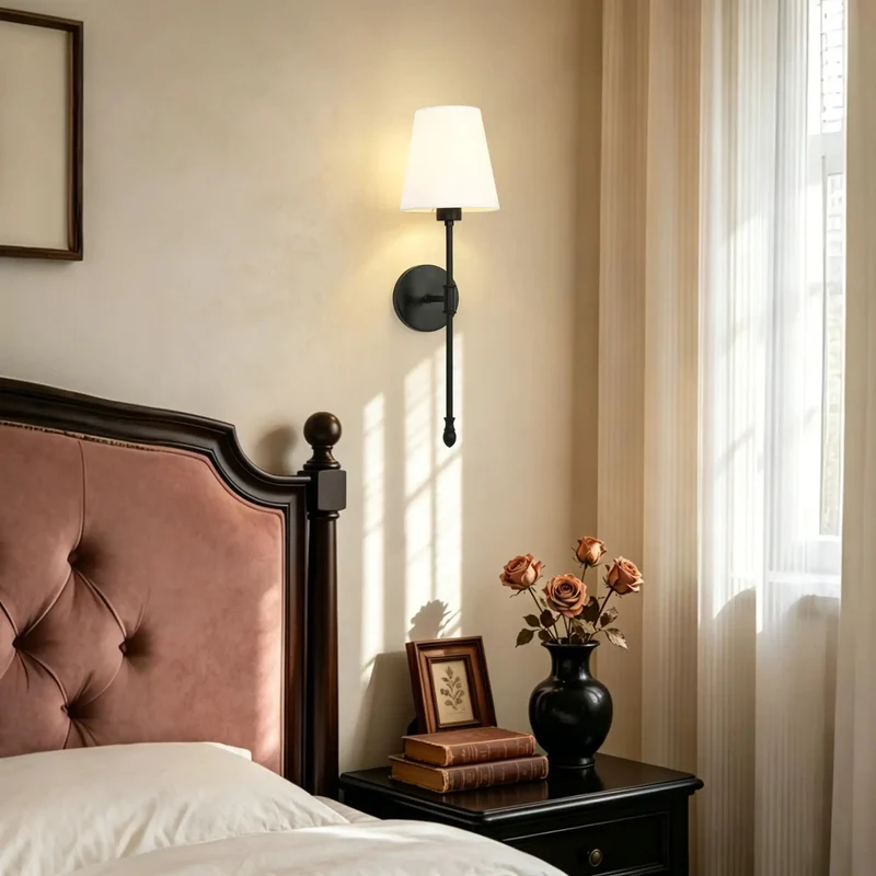 Sleek Matte Black Wall Sconce With Tall Stem And Soft White Linen Shade Modern Indoor Lighting That Hits Different Clean Architectural Vibes For Bedrooms And Hallways Today