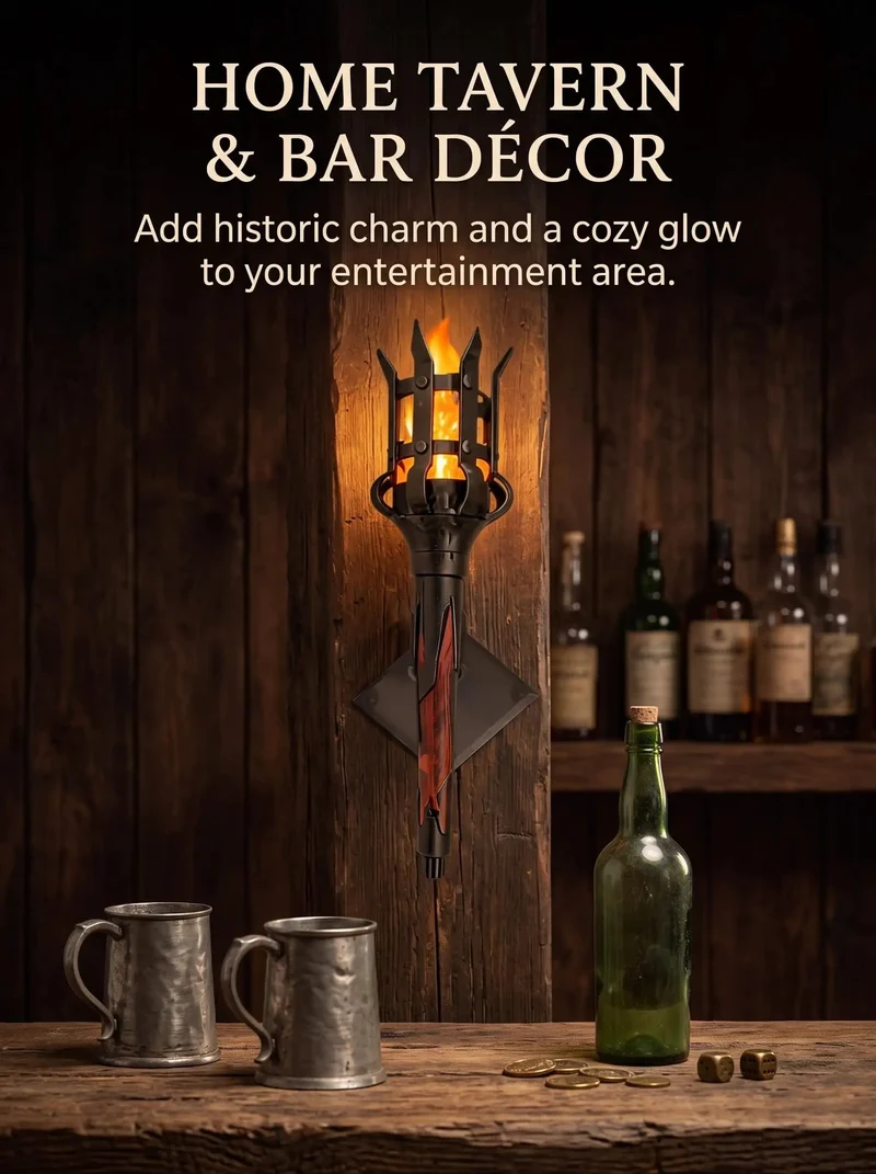 Straight Up Medieval Wall Sconce Featuring A Real Deal Flickering Led Flame Gives Off Totally Authentic Gothic Vibes For Game Rooms Home Bars Or Dungeon Spaces With Weathered Iron Finish