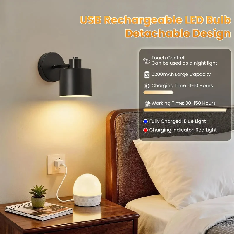 Battery Powered Wall Sconces Set Of Two Black With Remote Control Detachable Rechargeable Glow For Bedroom Bedside Hallway Slick Design Zero Mess Setup Nightstand Must Have Ambient Lighting