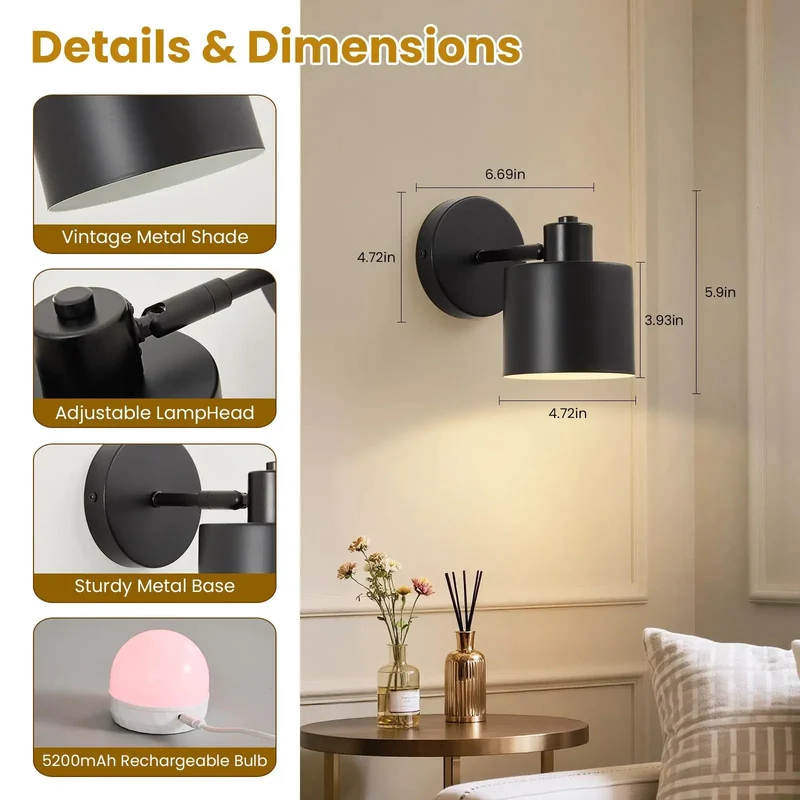 Battery Powered Wall Sconces Set Of Two Black With Remote Control Detachable Rechargeable Glow For Bedroom Bedside Hallway Slick Design Zero Mess Setup Nightstand Must Have Ambient Lighting