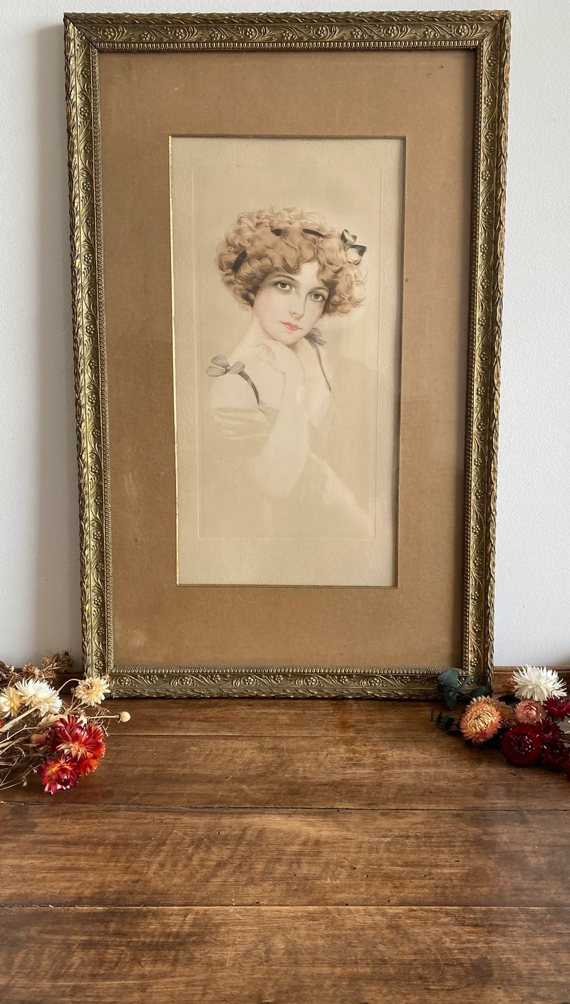 Gravure portrait d'époque demoiselle 1900-1920