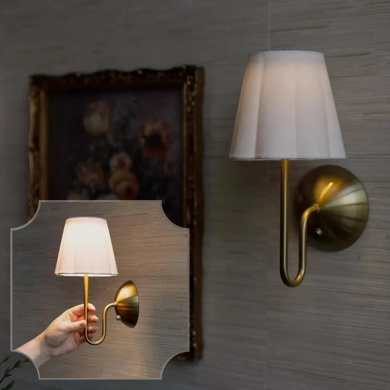 Effortless Cordless Wall Sconce With Scalloped Fabric Shade And Remote Control Brass Finish Dimmable Led Night Light Usb Rechargeable Interior Fixture For Super Chill Home Glow Up