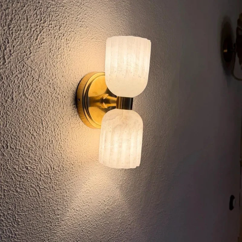 Slick Double Wall Sconce With Fluted Alabaster Shades And Antique Brass Finish For Bedroom Living Room Hallway Top Tier Knockout Vintage Wall Lighting Ace Accent Lamp