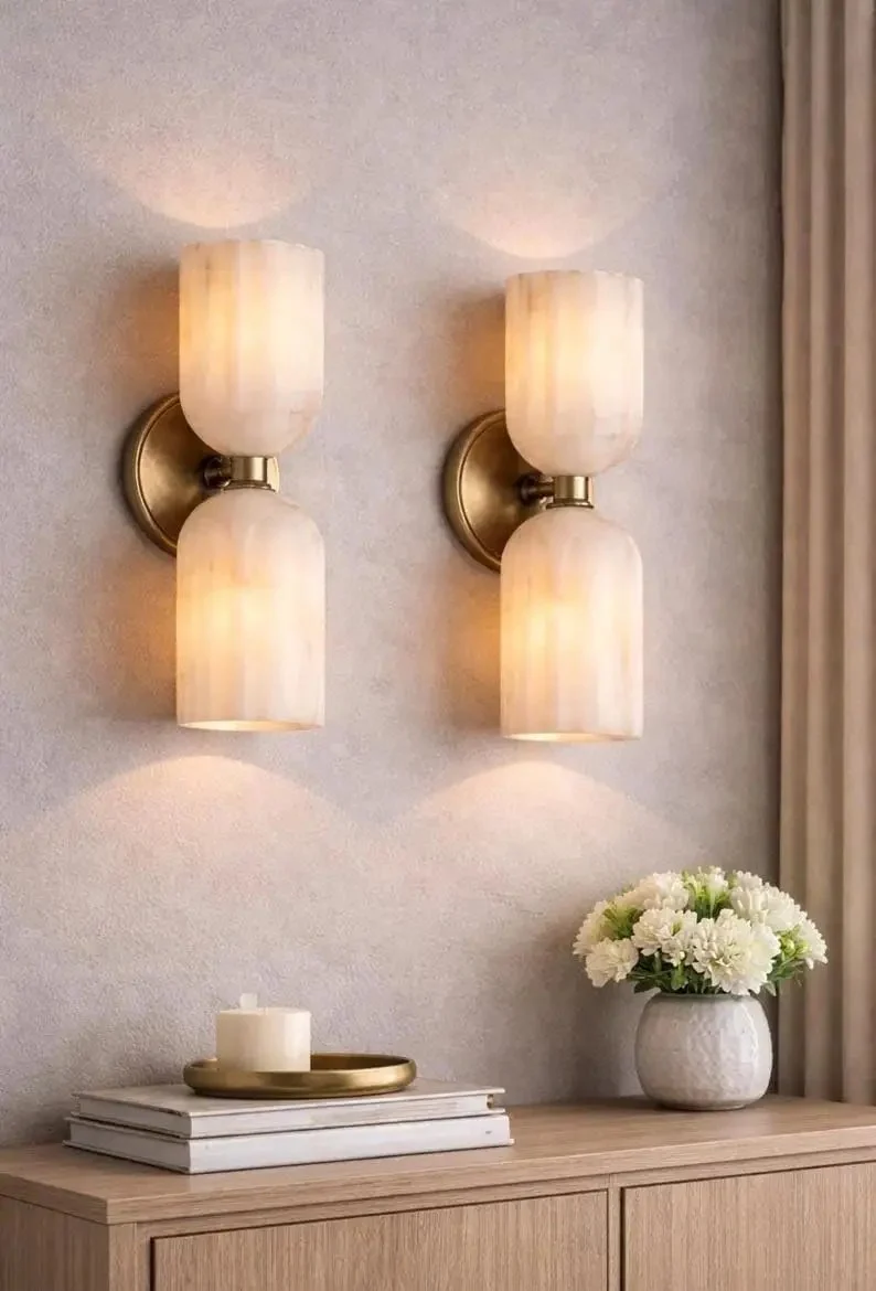 Slick Double Wall Sconce With Fluted Alabaster Shades And Antique Brass Finish For Bedroom Living Room Hallway Top Tier Knockout Vintage Wall Lighting Ace Accent Lamp