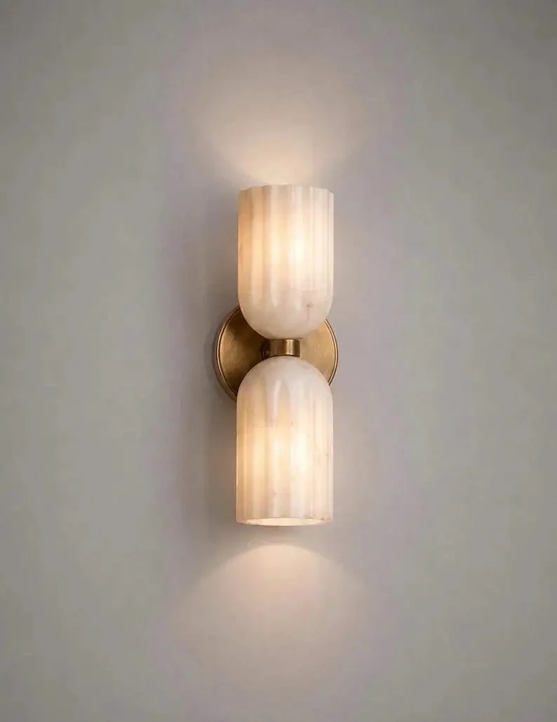 Slick Double Wall Sconce With Fluted Alabaster Shades And Antique Brass Finish For Bedroom Living Room Hallway Top Tier Knockout Vintage Wall Lighting Ace Accent Lamp