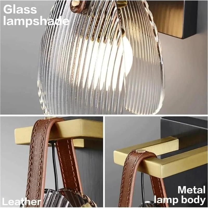 Slick Brass Fluted Glass Wall Sconce With Ribbed Texture And Top Shelf Leather Strap Tri Color Adjustable Lamp Easy Mount Adds Serious Edge To Any Bedroom Or Hallway