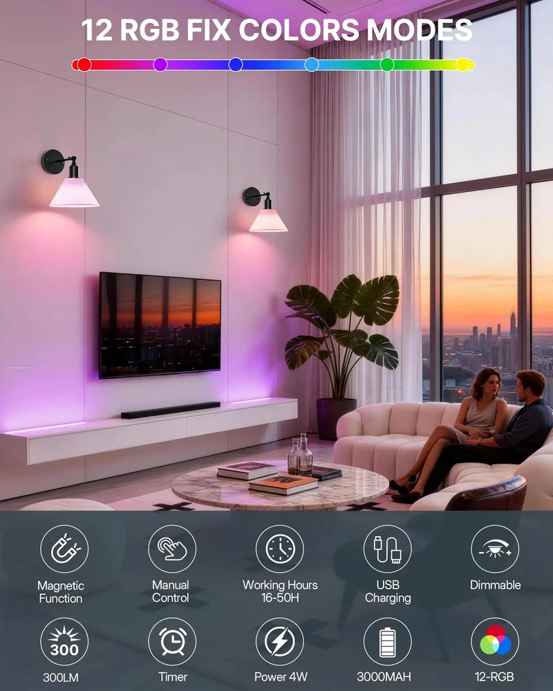 Modern Black Wireless Wall Sconces Set Of Two With Remote Rechargeable Battery Operated Indoor Lighting No Drill Hassle Setup Direct Wall Mount Effortless Room Brighten