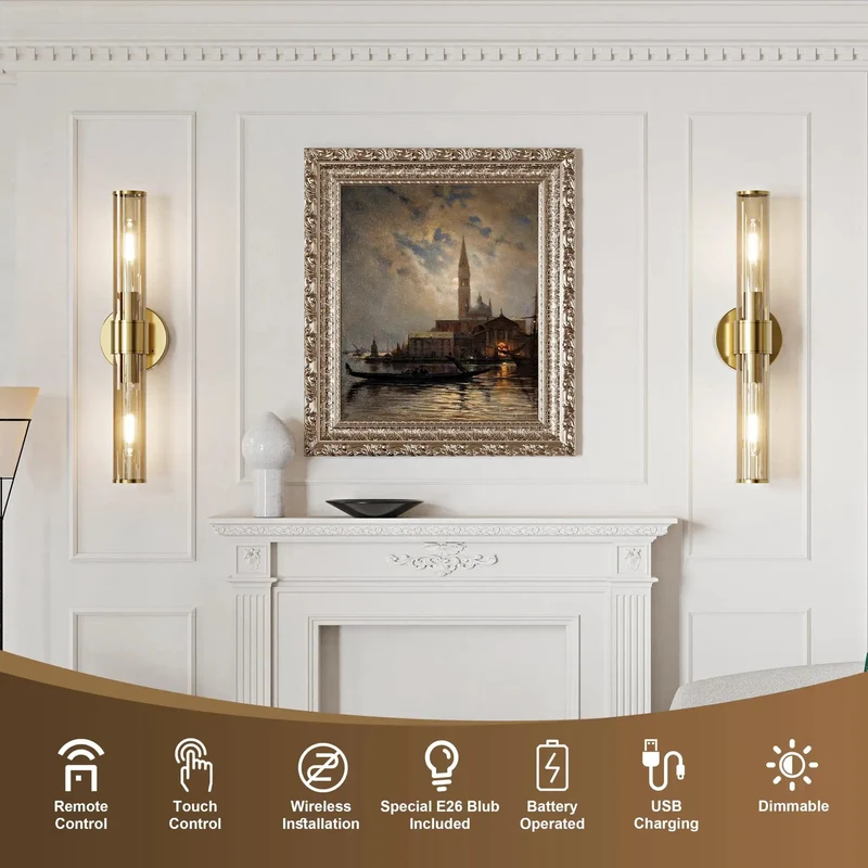 Snag These Top Shelf Rechargeable Battery Wall Sconces Set Of Two Featuring Sleek Champagne Gold Finish Rustproof Metal Frame And Soft Clear Glass Shades For Zero Wiring Home Lighting Upgrade