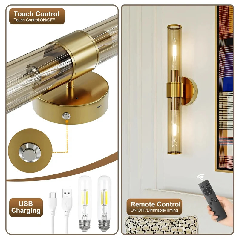 Snag These Top Shelf Rechargeable Battery Wall Sconces Set Of Two Featuring Sleek Champagne Gold Finish Rustproof Metal Frame And Soft Clear Glass Shades For Zero Wiring Home Lighting Upgrade