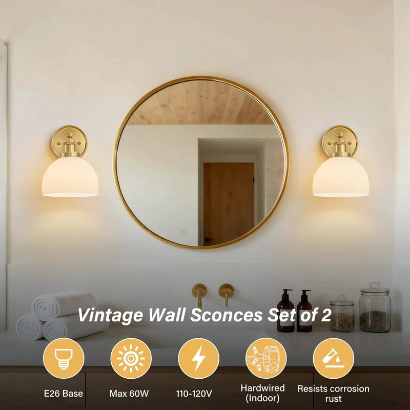 Set Of Two Vintage Milk Glass Wall Sconces Featuring Hand Blown Frosted Shades And Antique Gold Brass Finish Main Character Ambiance With Zero Harsh Glare Straight Up Kitchen Bathroom Upgrade