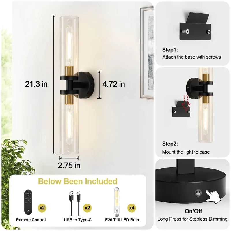 Slick Rechargeable Wall Sconces Set Of Two In Matte Black And Brushed Gold Featuring Wireless Remote Dimming With 3000K Warm Glow For Zero Wiring Headaches And Instant Room Vibe Upgrade