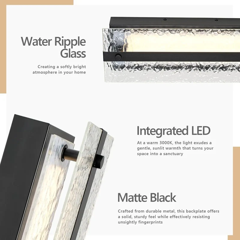 Straight Fire Modern 16 Inch LED Wall Sconce Vanity Light Black Metal Frame With Hella Slick Detachable Ripple Glass Shade And Killer Ambient Glow For A Totally Dope Home Refresh