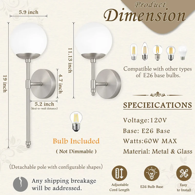 Ultra Chic Mid Century Wall Sconces In Brushed Nickel With Milky White Glass Globes And Pre Installed Bulbs Creating A Totally Chill Vibe For Your Space Snag This Fresh Two Pack Right Now