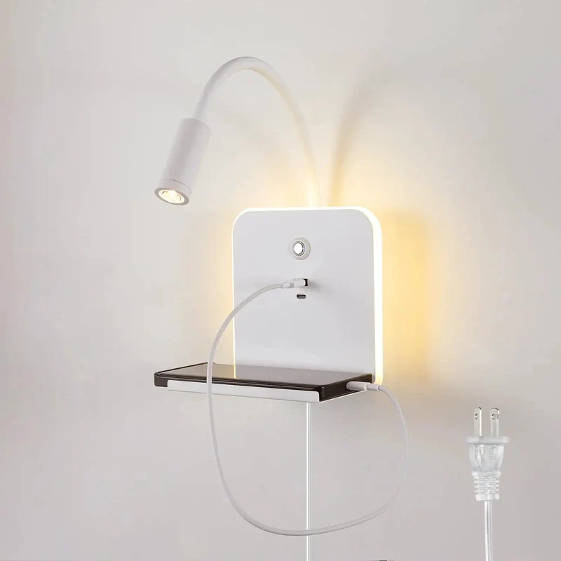 Slick Matte White LED Wall Sconce With Usb Charging Ports And Nifty Shelf, Zero Fuss Plug Or Hardwired, Smooth Dimmable Reading Light, Chill Ambient Glow, Sick Bedroom Overhaul For Bedside