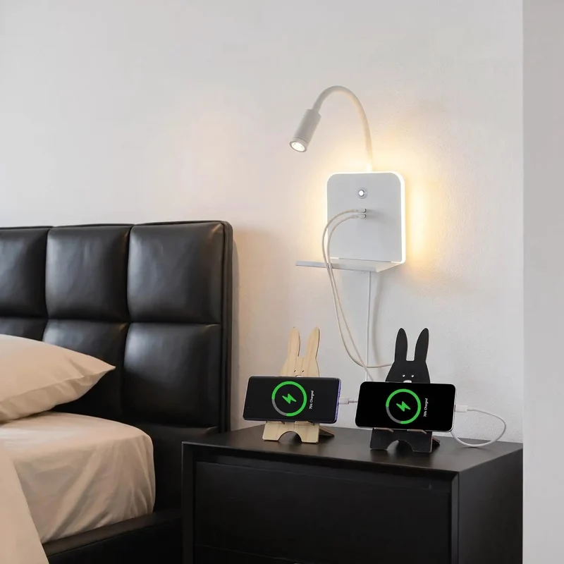 Slick Matte White LED Wall Sconce With Usb Charging Ports And Nifty Shelf, Zero Fuss Plug Or Hardwired, Smooth Dimmable Reading Light, Chill Ambient Glow, Sick Bedroom Overhaul For Bedside